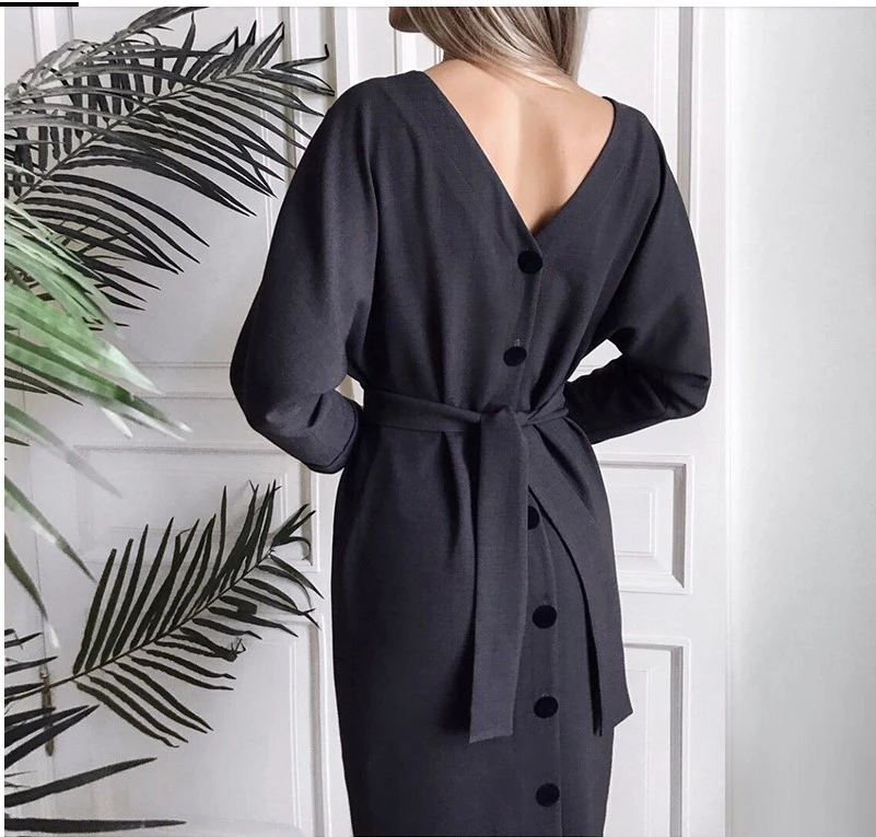 

Jrnnorv 2020 New Fashion Sexy V-Neck Autumn Winter Long Sleeve Dress Ladies Sashes Button Casual Office Dress Women Midi Dress