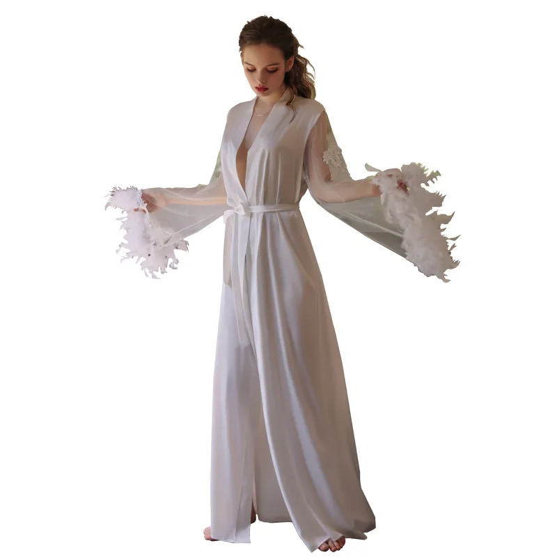 

New Arrvial Artificial Silk Stitching Mesh Feather Cuff Three-Dimensional Embroidery Tie-Neck Long Robe Home Wear