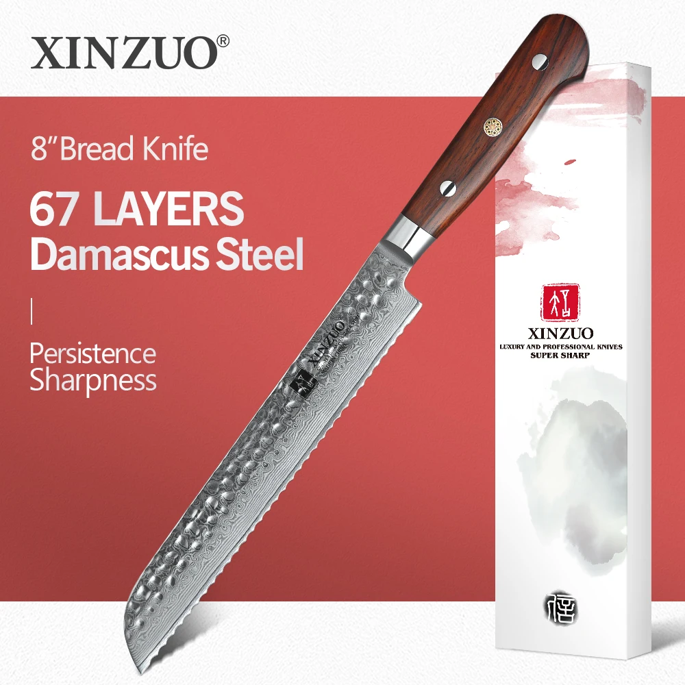XINZUO 8 inch Bread Kitchen Knife Damascus Stainless Steel Kitchen Knives Brand Bread Cheese Cake  Bread Knife Rosewood Handle