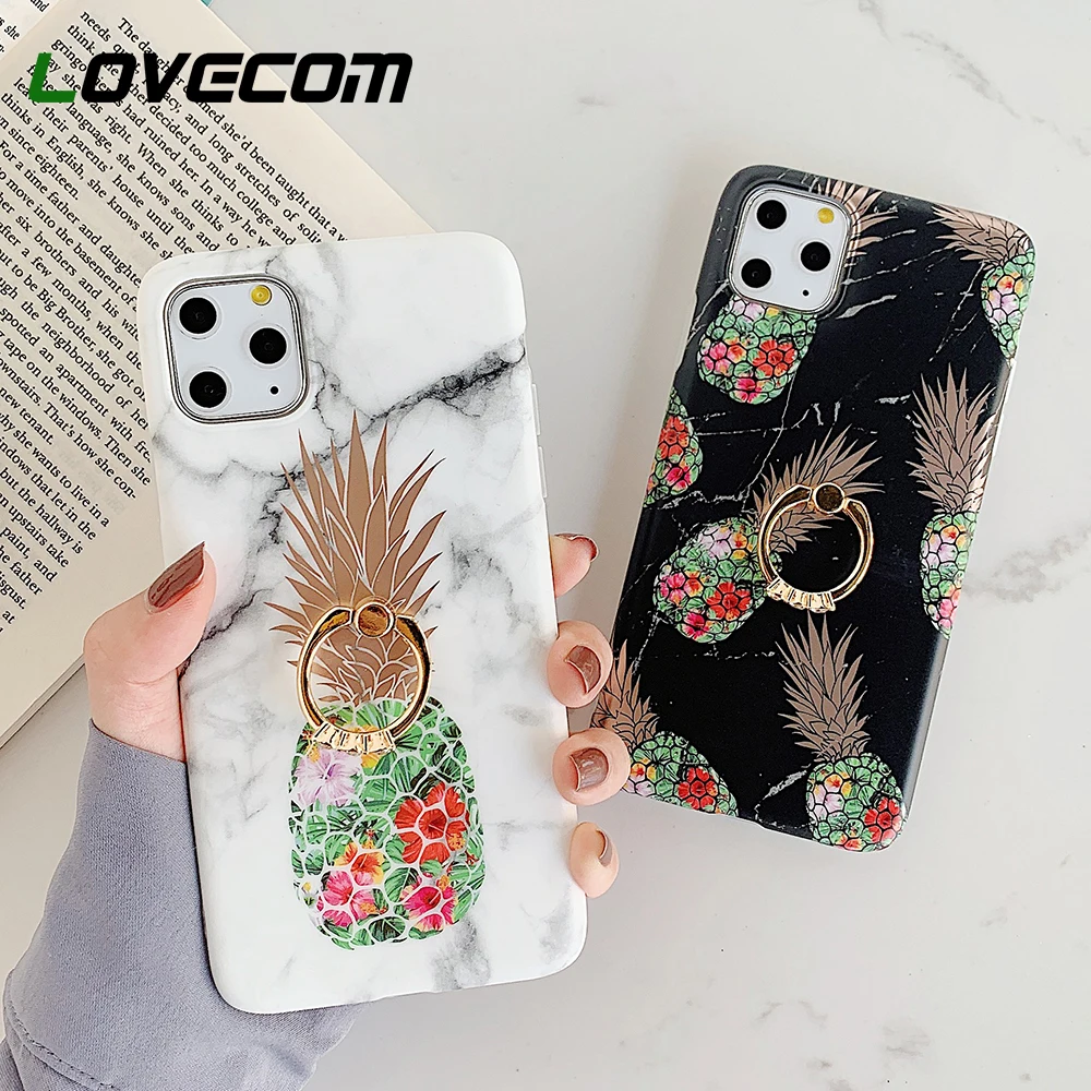 Gilded Pineapple Marble Finger Ring Phone Case For iPhone 11 Pro Max XR XS X 7 8 6S Plus Soft IMD Cover Bag | Мобильные телефоны и