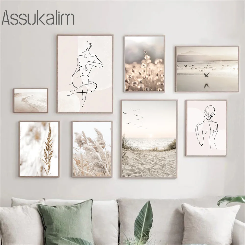 

Abstract Line Naked Canvas Painting Reed Hay Poster Prints Beach Landscape Posters Nordic Wall Pictures For Living Room Decor