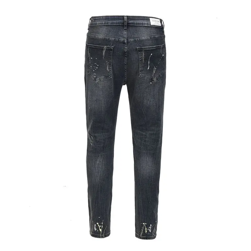 

Men's knee hole black stretch pants High street inkjet jeans