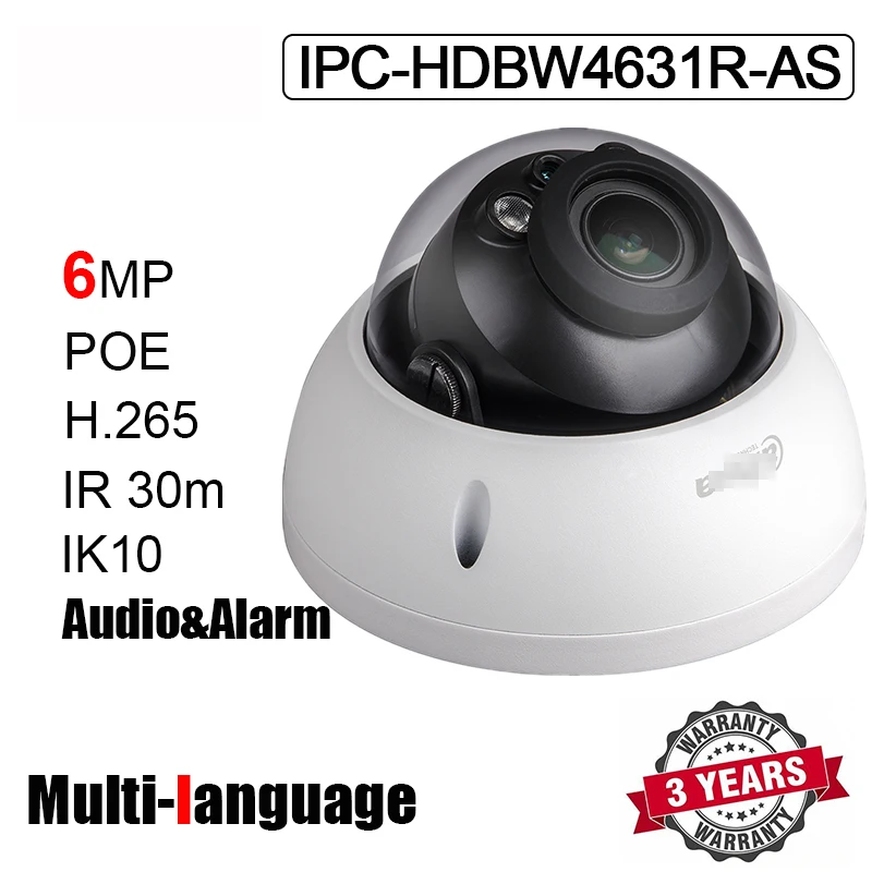 6MP IPC-HDBW4631R-AS ip-камера POE H.265 IR 30m слот для sd-карты IK10 аудио и сигнальный интерфейс