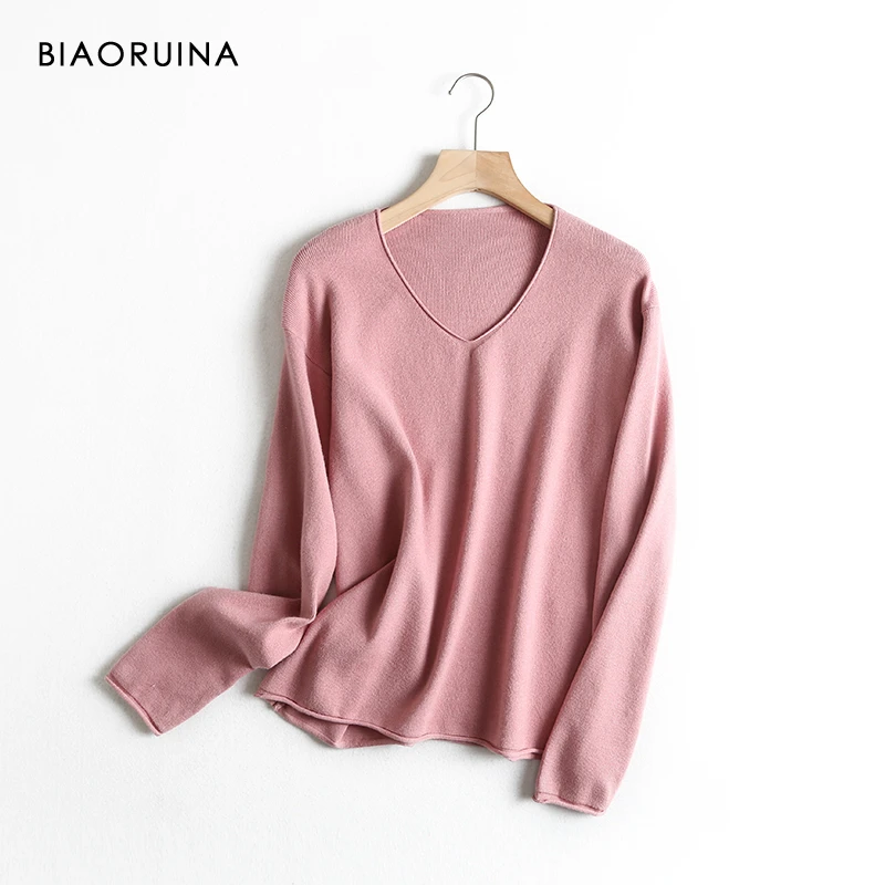 BIAORUINA 4 Color Women's Casual Basic All-match Thin Knit Sweater Female V-neck Sweet Pullover Long Sleeve Loose Sweaters | Женская