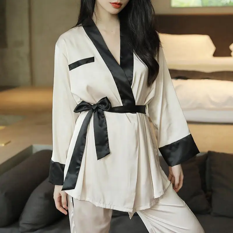 

Комплект пижамный атласный из 3 предметов, пикантный Дамский комплект, одежда для сна, летнее кимоно с V-образным вырезом, интимное нижнее бе...