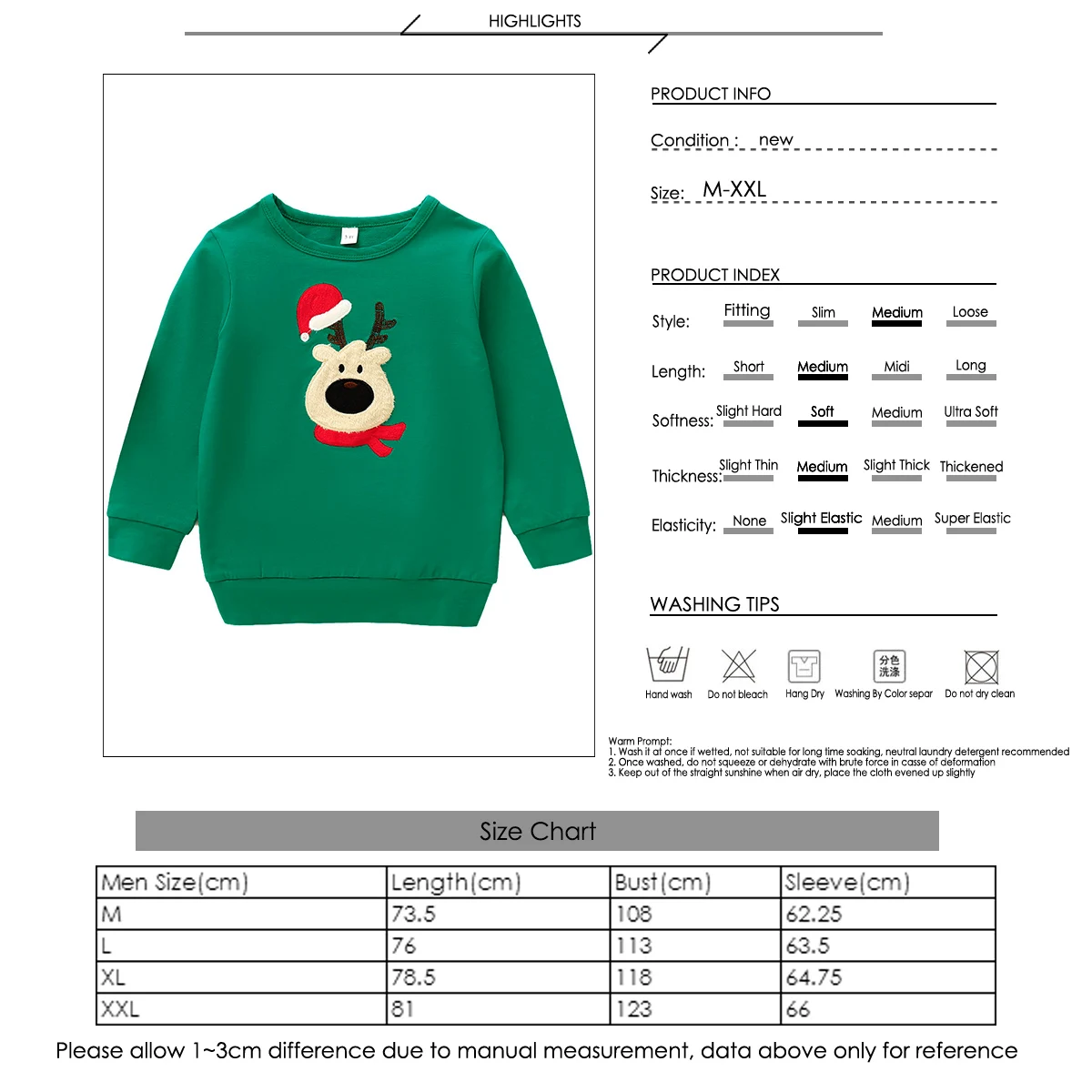 Christmas Clothes Mom Dad Kids Green deer head Long Sleeve Pullover Sweatshirt Jumper Family Matching Warm Autumn Casual Tops