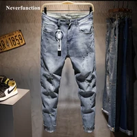 men new ripped casual skinny jeans trousers fashion brand man streetwear letter printed distressed hole gray denim pants