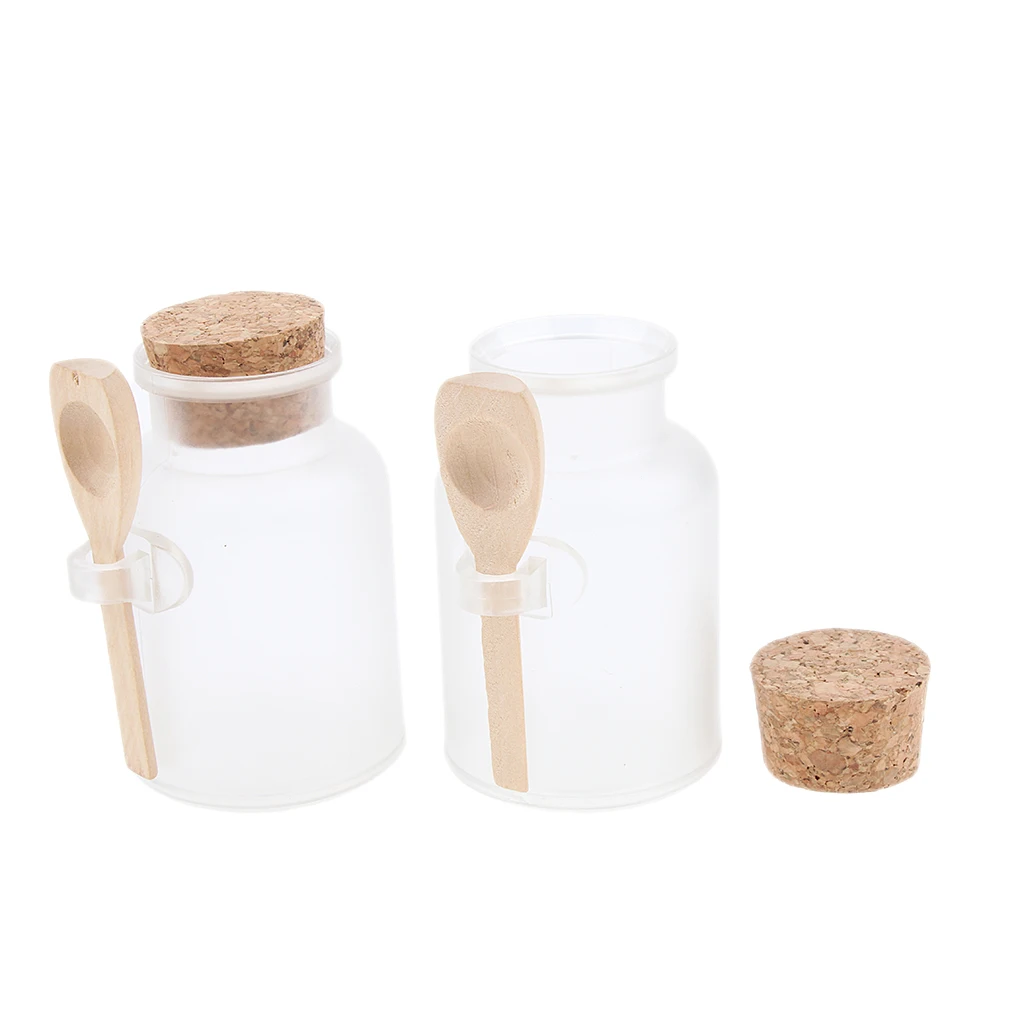 

2x Empty Clear Thick Plastic Bath Salt Bottle Jar Container W/wood Cap Spoon