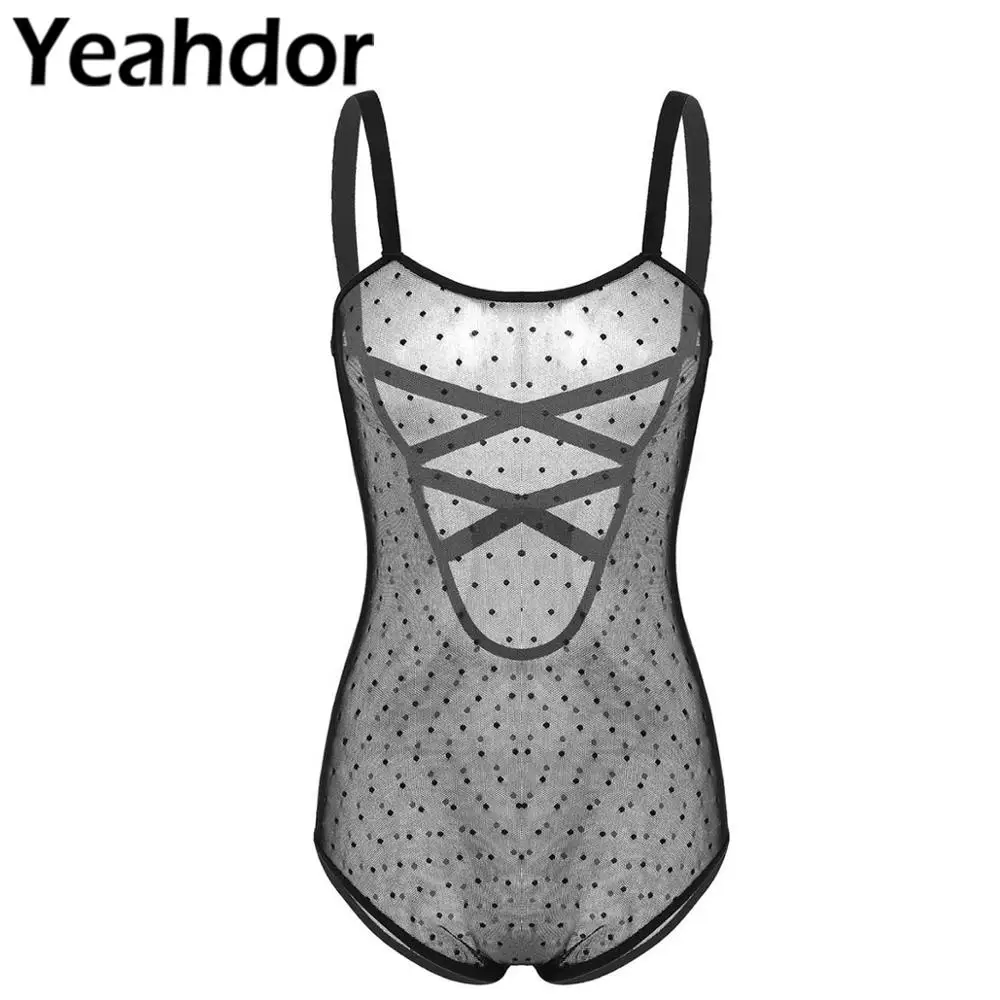 

Womens Sexy Bodysuits Lingerie See Through Sheer Dotted Mesh Teddy Bodysuit Jumpsuit Spaghetti Straps Criss-cross Back One-piece