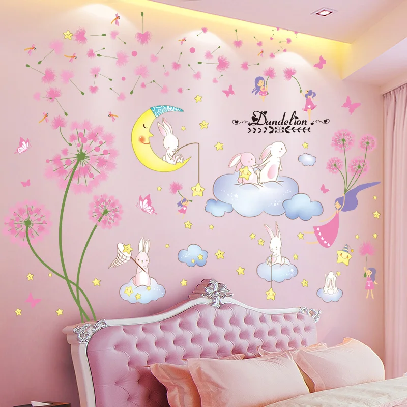 

Rabbits Animals Clouds Wall Stickers DIY Dandelions Flowers Mural Decals for Kids Room Baby Bedroom Nursery Home Decoration