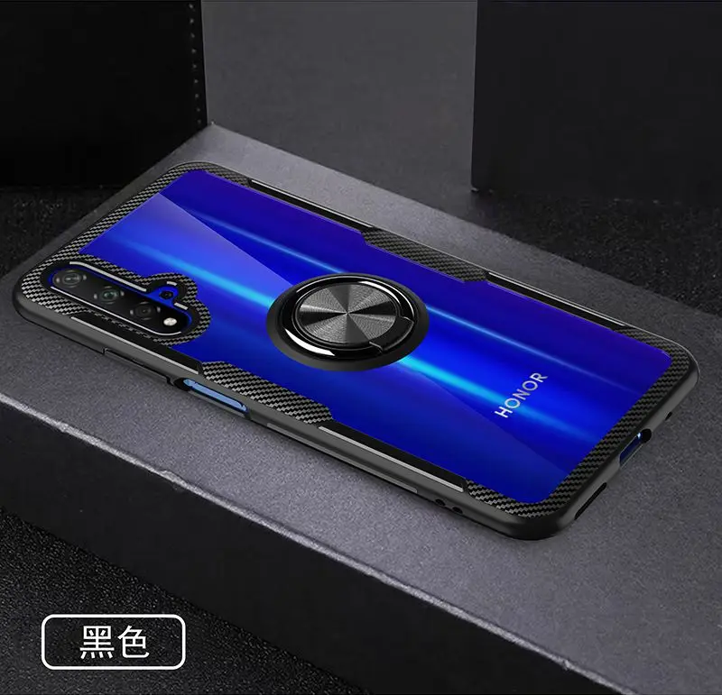 Чехол для huawei honor 20, чехол для honor 20 Pro с магнитной опорой, кольцевой чехол для honor 10, 10 lite, honor play, прозрачный чехол - Цвет: black