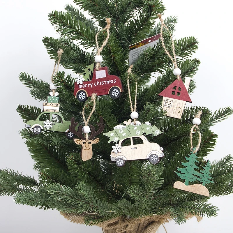 

3PCS / Set Christmas Pendant New Year Party Supplies House Shape Ornaments Wooden Cars Christmas Tree Shop Window Decor supplies