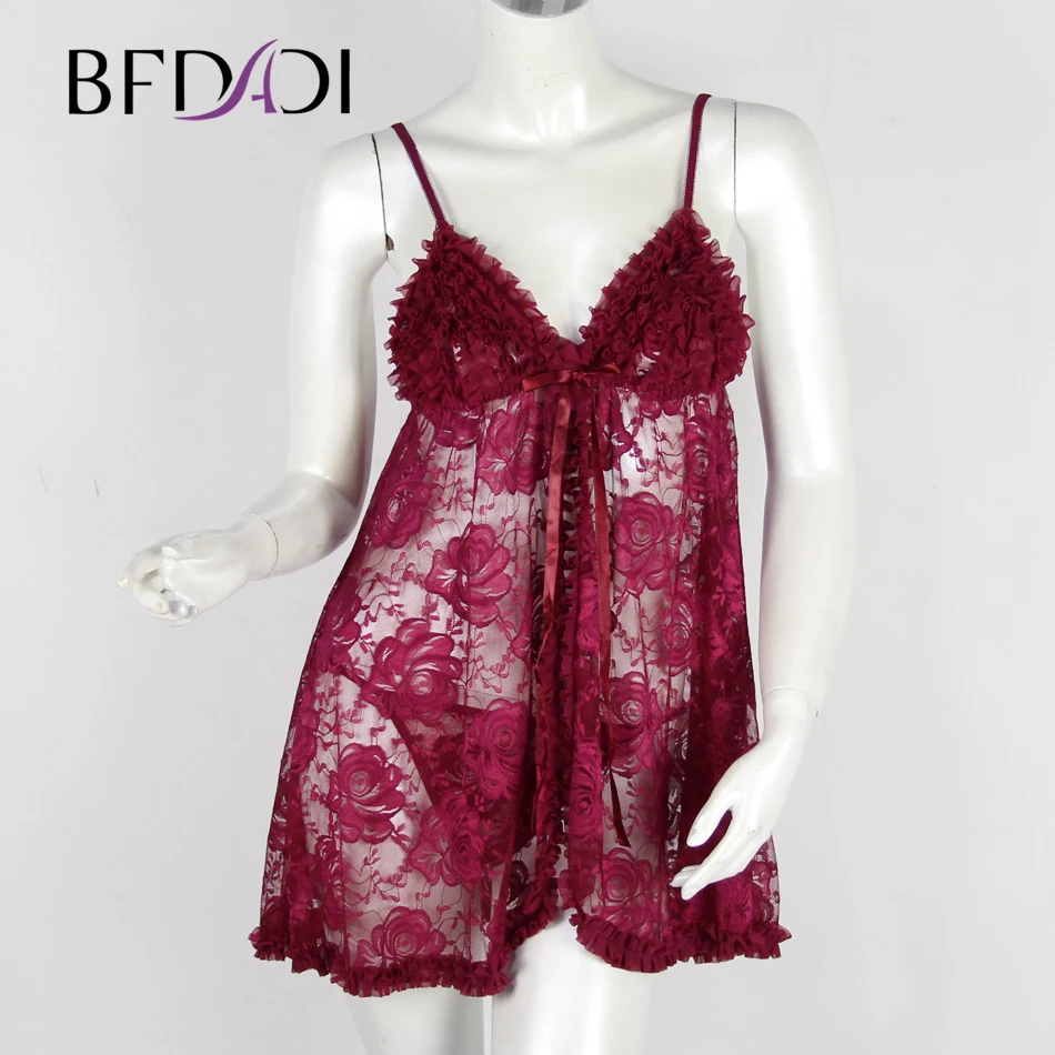 Women Sexy Lingerie Front Open Sleepwear Sets Europe and America style sexy Flowers lace perspective dress + T pants 0922 | Женская