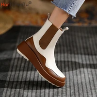 2022 platform genuine leather ankle boots round toe winter women shoes slip on square med heel chelsea booties size 3440