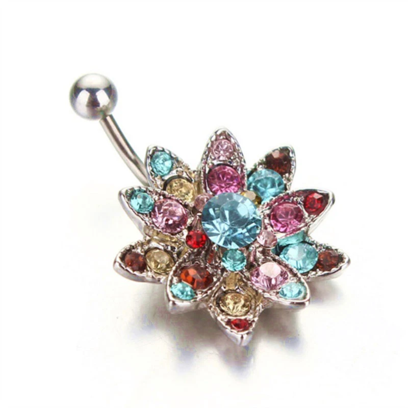 

1pc Surgical Steel Women Belly Button Ring Barbell Colorful Crystal Lotus Flowers Pendant Lady Navel Body Piercing Jewelry