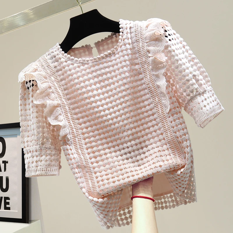

Женская кружевная рубашка в Корейском стиле, свободная темпераментная вязаная кружевная блузка с оборками, милый модный топ, 2020