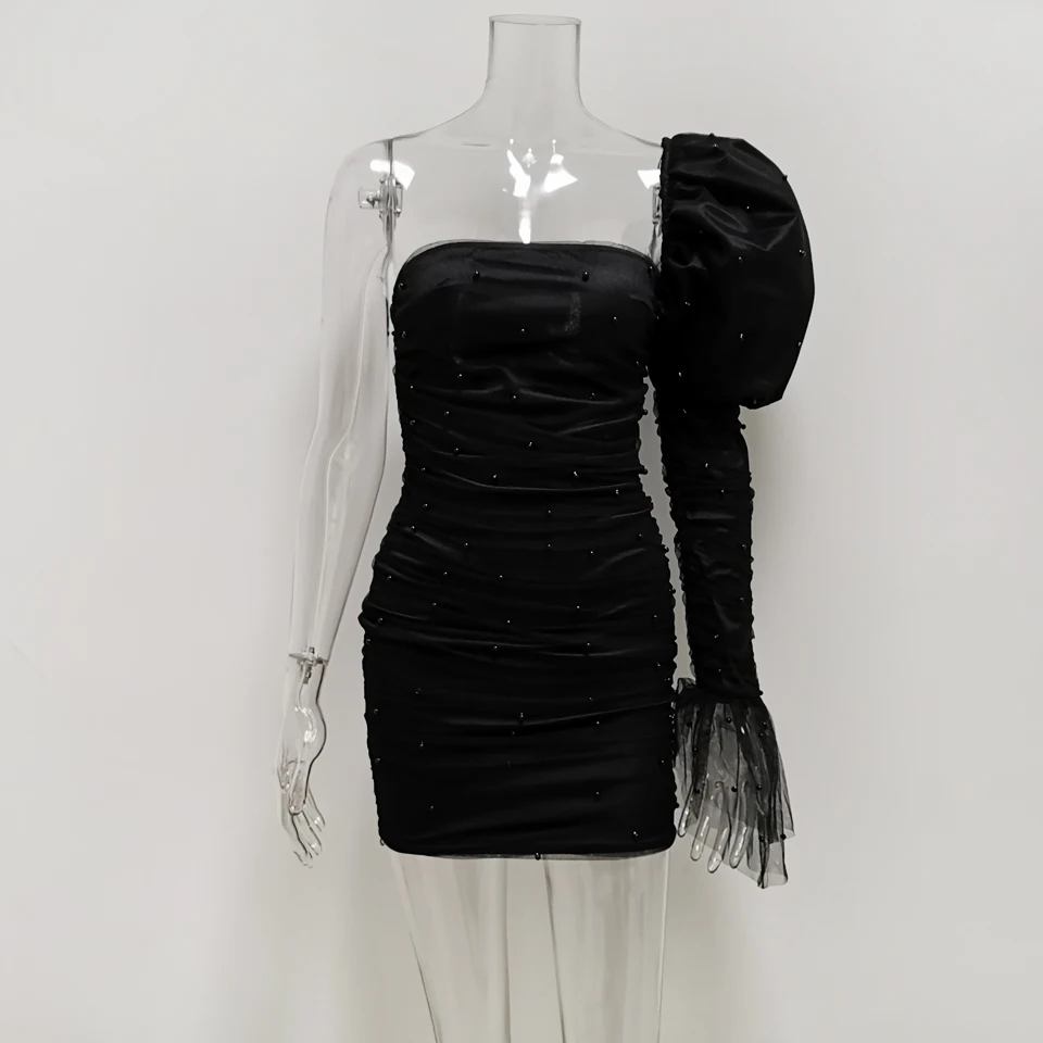 Black Dress Kealofea, Женская Великолепная сетчатая укороченная блузка, роскошная элегантная рубашка принцессы с пышными рукавами и жемчугом, шикарные наряды на одно плечо, Топ - Цвет: Black Dress