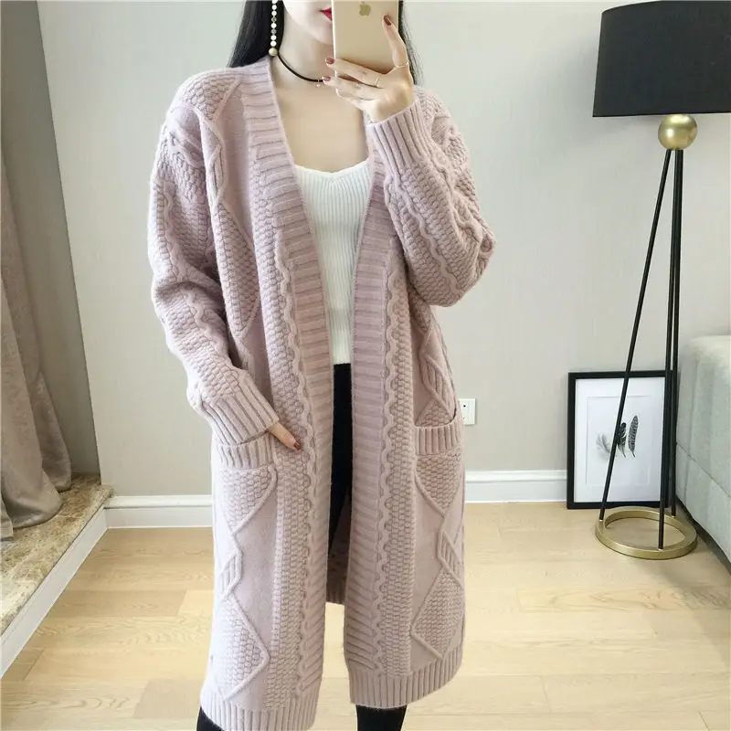 

2021 Women's Mid-length Knitted Cardigan Women Korean Loose Long Sleeve Sweater Female Autumn New Pocket Loose Sweaters Y845