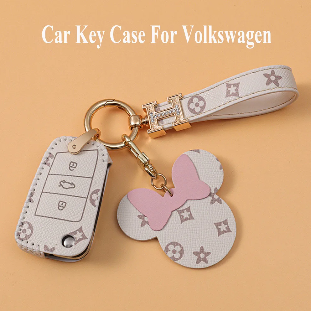

White Cute Leather Car Key Case Cover Keychain For VW Volkswagen Golf 8 Skoda Mk8 Passat B6 B7 3C CC Tiguan Skoda Octavia