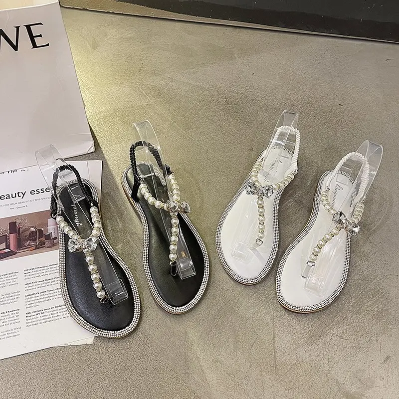 

2021 Women Sandals New Hot Salesummer Shoes Flat Pearl Sandals Comfortable String Bead Beach Slippers Casual Sandals