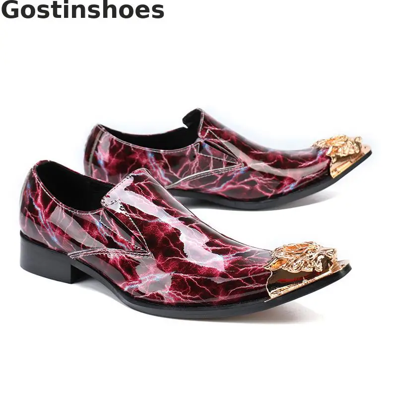 Shining Red Genuine Leather Shoes Flash Light Printed Classic Men Fashion Loafers Golden Metal Capped Toe Slip-on | Обувь