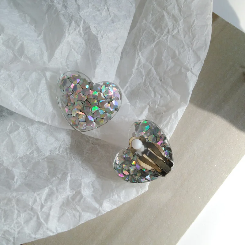 Акриловые милые серьги в форме сердца блестящие полимерные клипсы без пирсинг