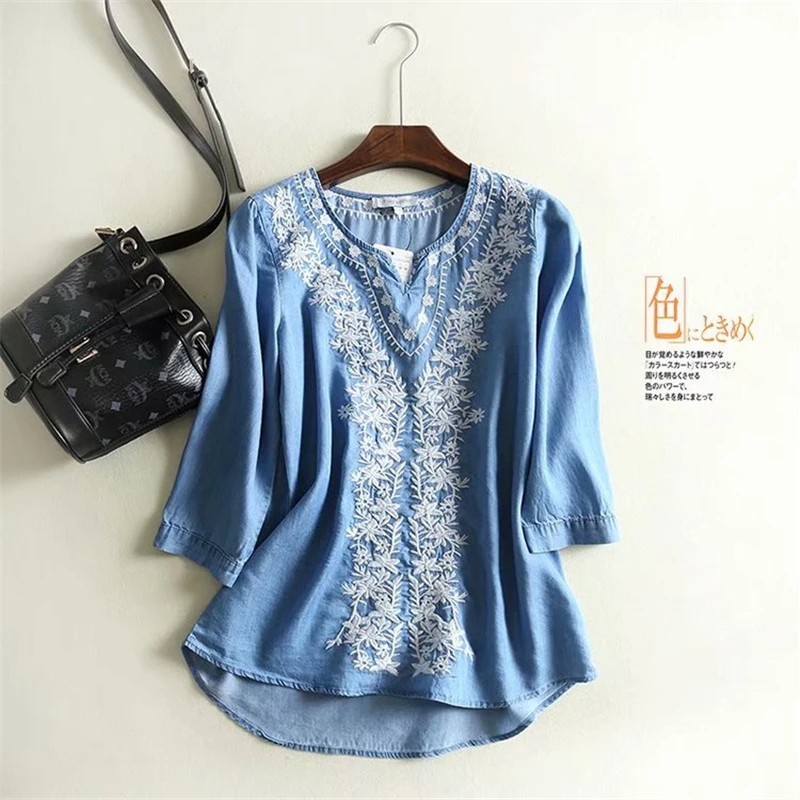 light blue Винтажная шикарная Женская Цветочная вышивка пляжная богемная Джинсовая блузка рубашка с длинным рукавом v-образным вырезом свободные джинсы в стиле бохо рубашки - Цвет: light blue
