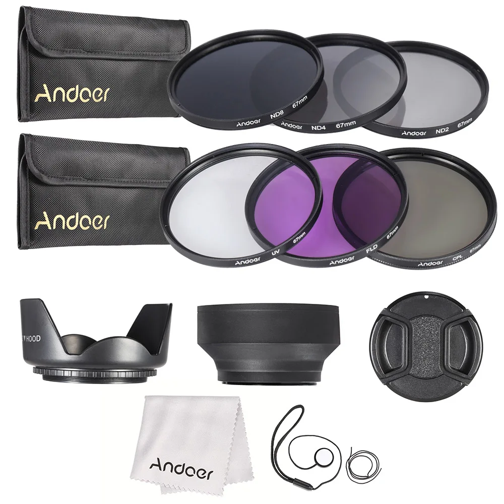 Комплект фильтров для объектива Andoer 67 мм UV + CPL FLD ND(ND2 ND4 ND8) с чехлом