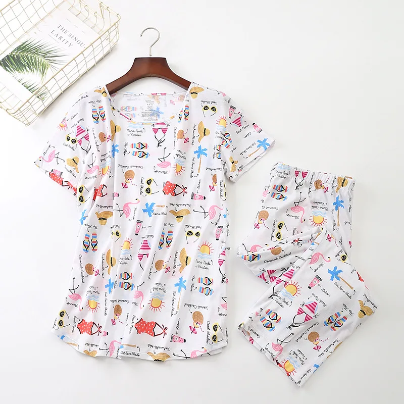 

Cute Cartoon Printed Female Pajamas Set Round Neck Short Sleeve T-shirt Elastic Long Pants Cotton Loose Casual Sleepwear