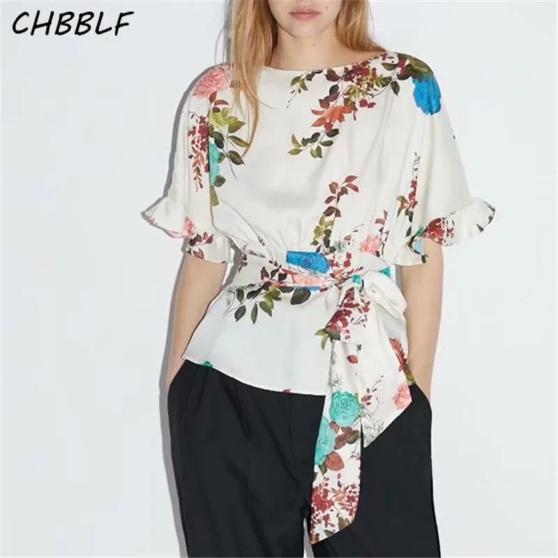 

CHBBLF women stylish floral print blouse sexy backless flare sleeve shirt female fashion bow tie tops blusas XSZ2105
