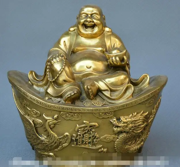 

China Tibet Buddhism old bronze Gilt carve dragon phoenix Maitreya Buddha statue