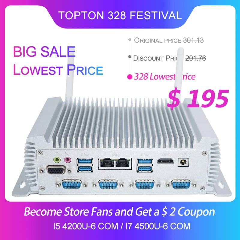Topton Intel Core i7 4500U Processor Windows 10/Linux Fanless Computer HD Graphics 4400 6*COM 2*LAN HDMI VGA Industrial Mini PC |