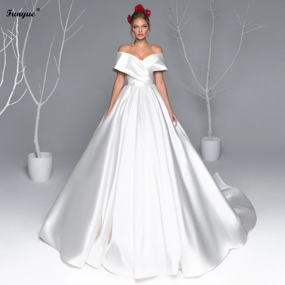 

Атласное Бальное Платье Funyue с открытыми плечами, свадебные платья со шлейфом, модель 2021 года, новое простое платье
