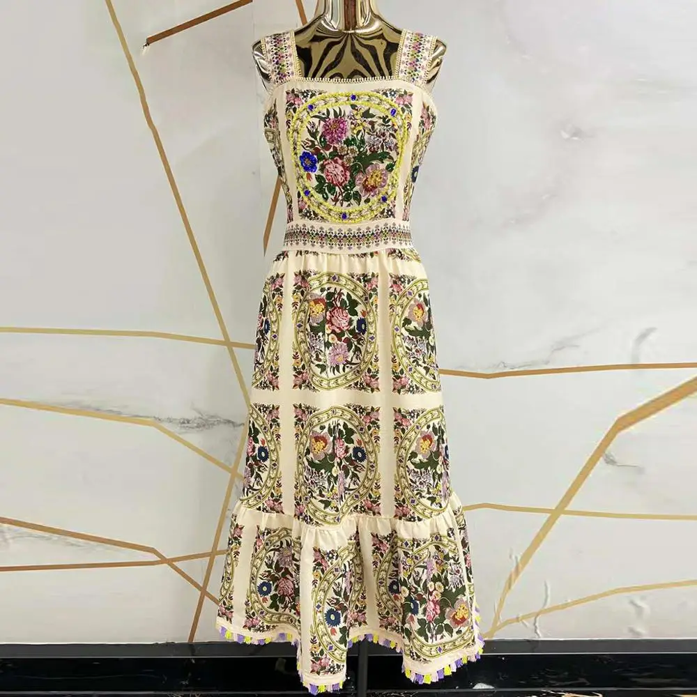 

VERDEJULIAY High Quality Spaghetti Strap Summer Dress Runway Fashion Beading Sequined Diamonds Flower Print Long Dress