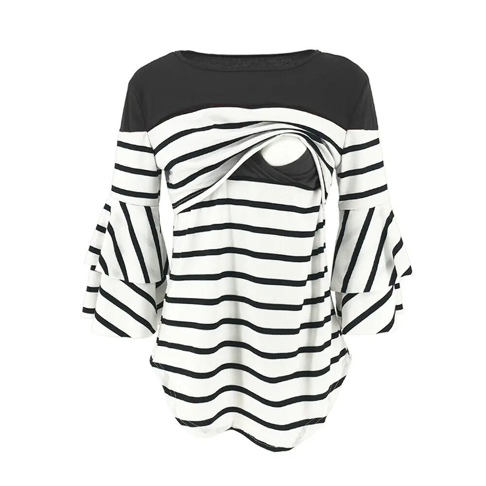 Style C Black Полосатая Женская одежда для беременных с круглым вырезом и цветочным принтом, топы для кормящих мам, футболка для грудного вскармливания с длинным рукавом - Цвет: Style C Black