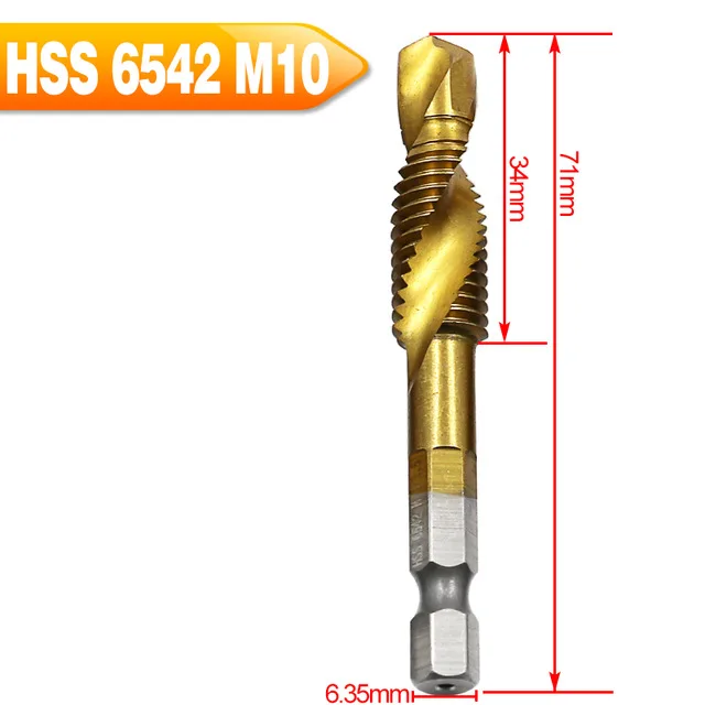 6 шт. Hss6542 комбинированное сверло винтовой кран 1/4 шестигранный хвостовик машина ручные краны Титан M3 M4 M5 M6 M8 M10 сверло Зенковка - Цвет: M10