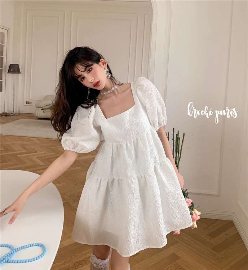 

Japanese Sweet Girl Mini Drees Women Square Neck Short Bubble Sleeve Ruffle Solid Color Elegant Dresses