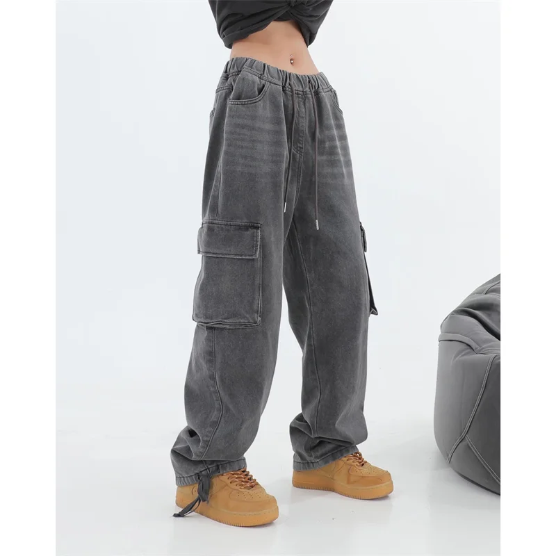 

Gray Cargo Jeans Vintage Pockets Lace Up High Waist Casual Women Pants Wide Leg Casual Denim Streetwear Baggy Boyfriend Trousers