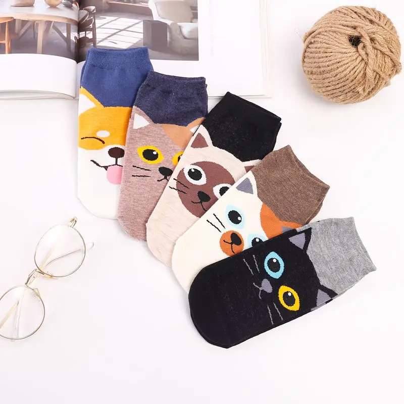Happy Socks Cool Cartoon Shiba Inu Cat Animal Cute Cotton Comfortable High Quality Invisible Socks Funny Low Cut
