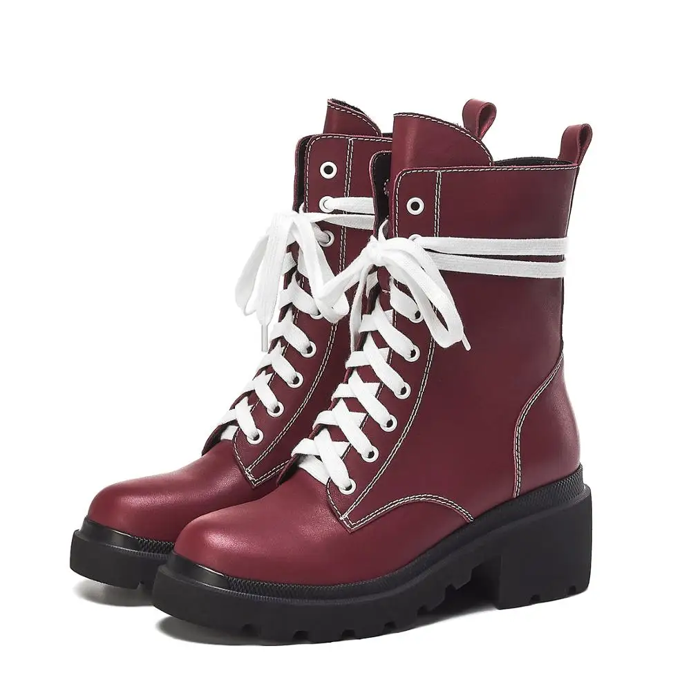 

Original Intention Fashion Cross-tied Round Toe Square Ankle Boots Woman Boots Black Wine Red Platform Boots Shoes Woman