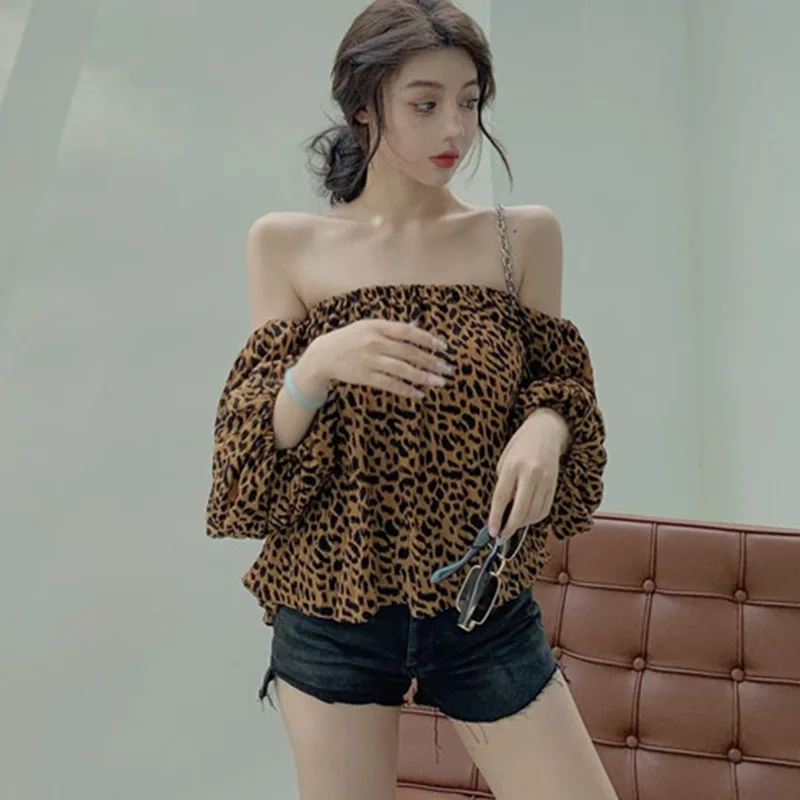 

Women's Print Off Shoulder Sweet Sexy Long Sleeve Chiffon Shirt Blouse