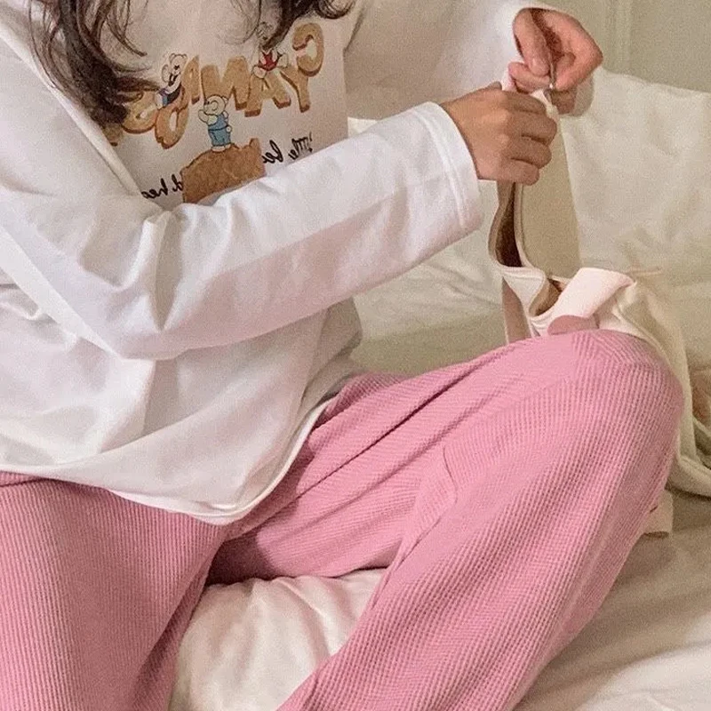 Штаны-джоггеры вафельные женские спортивные коричневые свободные шаровары в