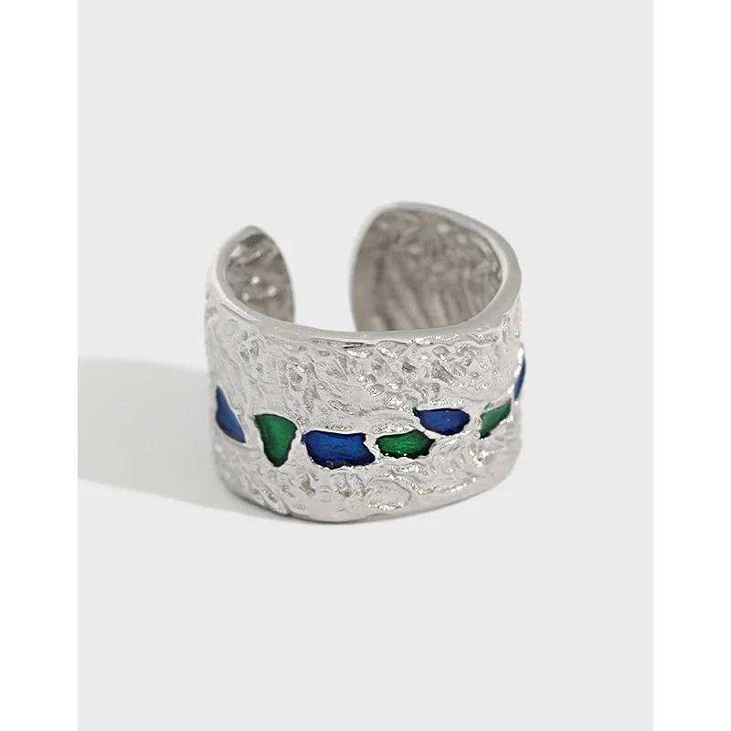 

Authentic S925 Sterling Silver FINE Jewelry Heavy Irregular Texture Blue Enamel Long Ring Wider Resiable C-388
