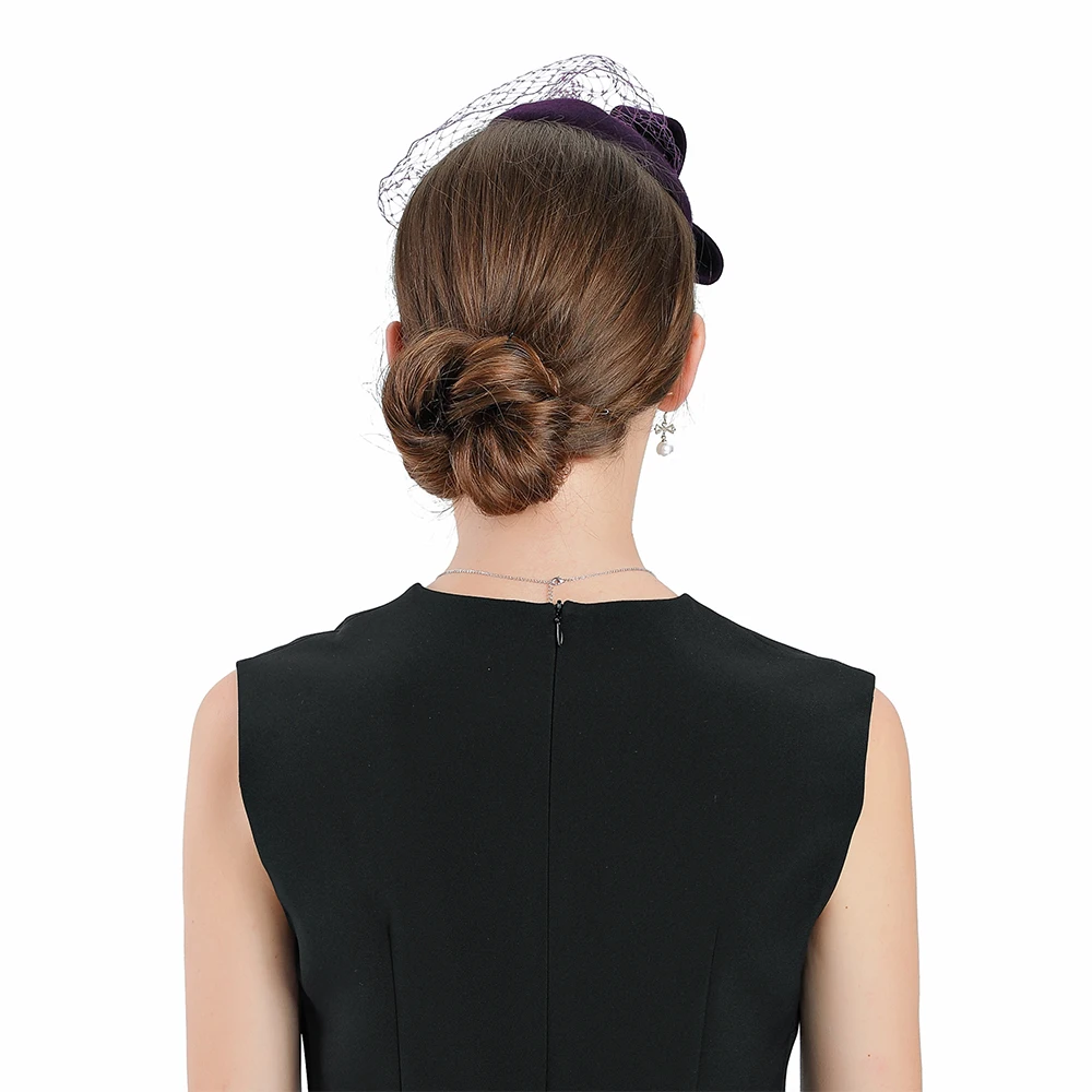 Федора Хэтс пурпл фасцинатор для женщин элегантная церковная шерсть с вуалью и бантом головной убор подарки на день рождения свадебные модные пиллбокс-кепки.