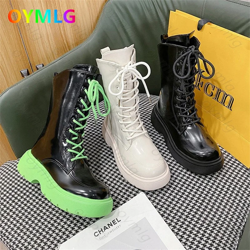 

2021new Martin boots women's heightened thick-soled mid-tube boots personality lace-up boot punk patent leather short boots tide