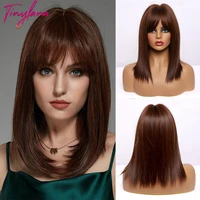 tiny lana straight honey brown synthetic wigs with bangs medium bob wigs for woman auburn natural hair daily wig heat resistant