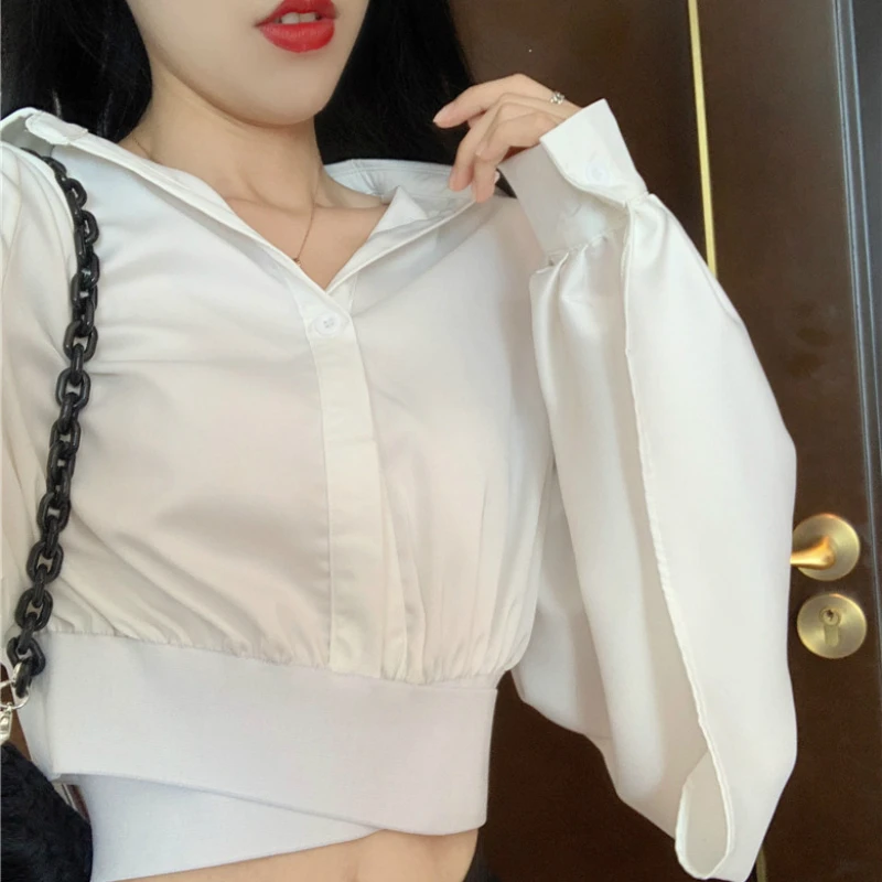

Shirts Women Crop Tops Flare Full-sleeve Solid Simple All-match V-neck Stylish Sexy Chic Single Breasted Korean Style Blouses