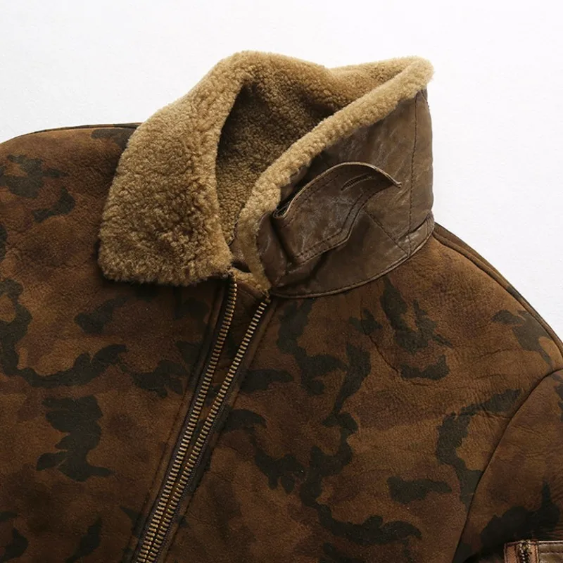 

Casual Mens Camouflage Short Bomber Jacket Shearling Wool Warm Sheepskin Zipper Biker Coat Winter Genuine Leather Fur Jackets