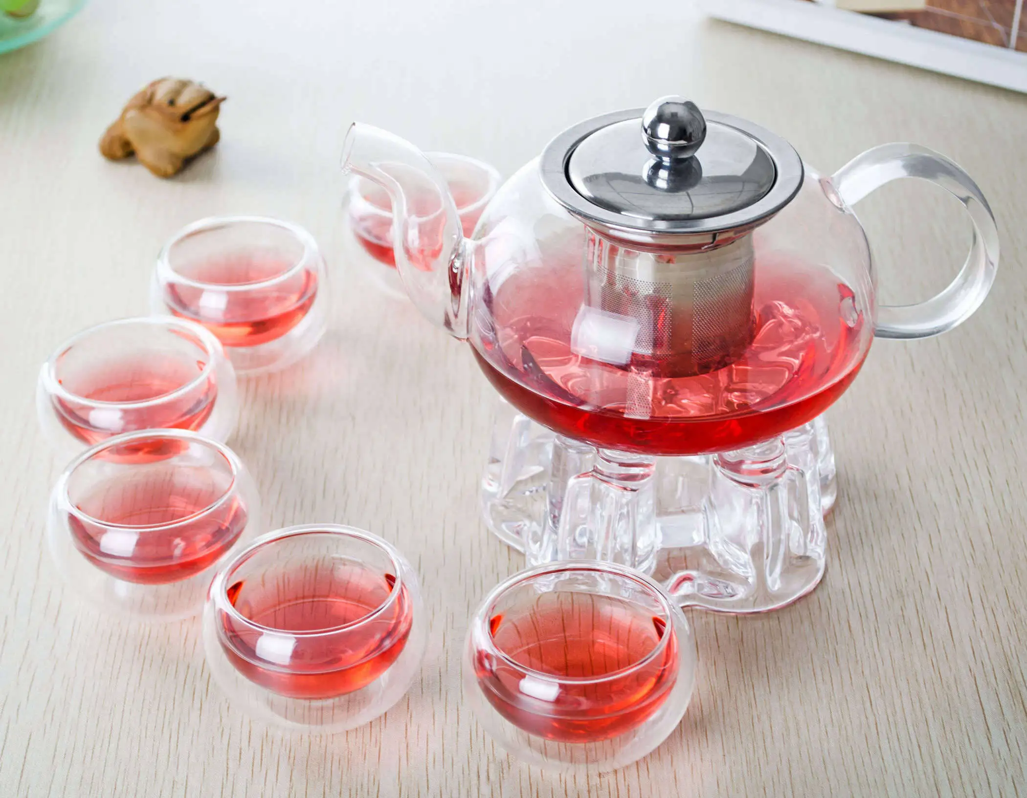 Набор кофе и чая Кунг-фу 8 в 1, 1x B-625 мл короткий стеклянный графин с нержавеющей стальной фильтром + кристальный подогреватель + 6 двойных стенок чашек.