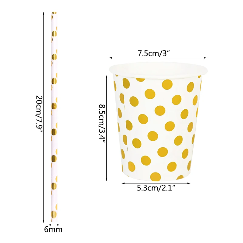

Bronzing Gold Silver Stripe Dot Paper Cup Straws Disposable Tableware Set Birthday Party Decoration Baby Shower Wedding Supplies